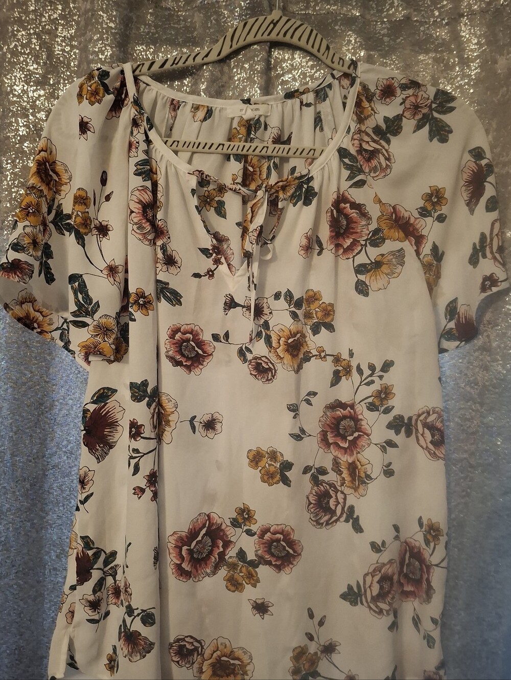 Maurices White Floral Tie-Neck Peasant Blouse